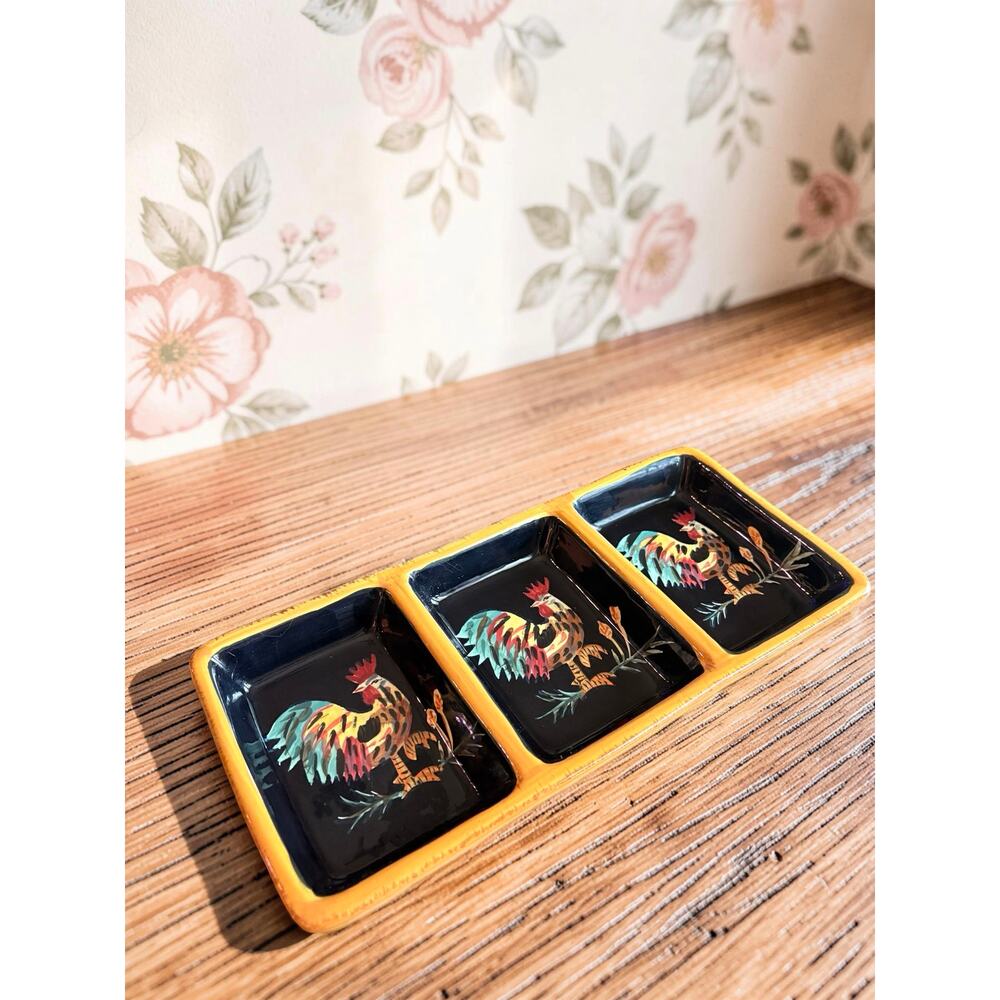 Tabletops Gallery Black Rooster 3 Section Serving Tray Hand Painted 13.5” - Picture 2 of 7